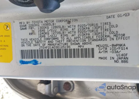 2003 Toyota Highlander V6 из США, поврежденный, VIN JTEHF21A030125195